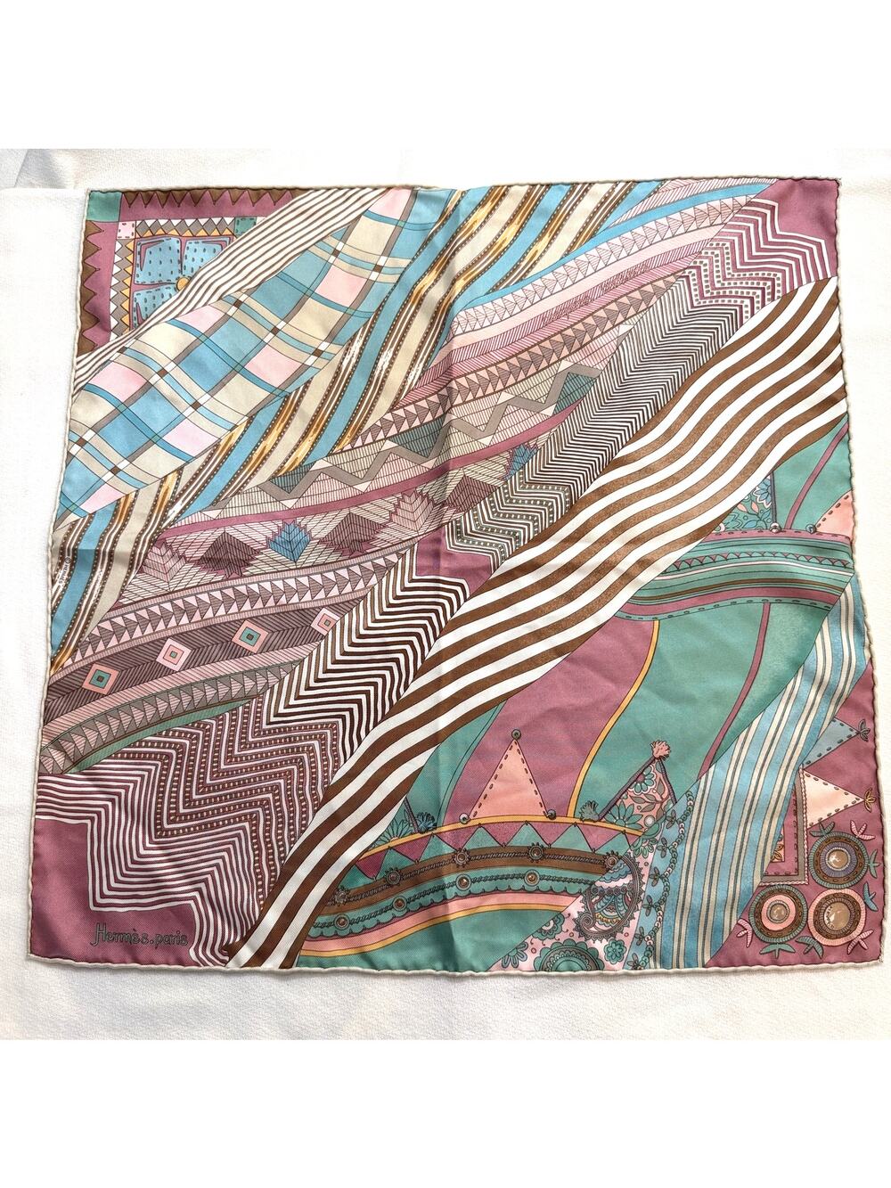 Hermes Paris "Coupons Indiens" 100% Silk Vintage Rolled Edge Pocket Square -Plum